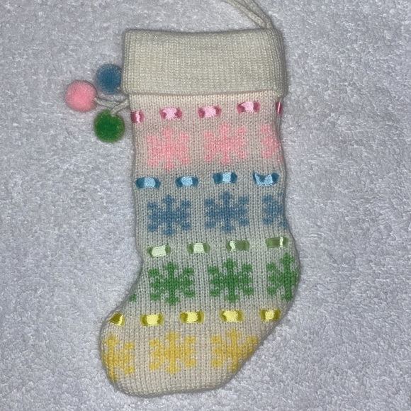 Vintage baby pastel snowflake ribbon Pom Pom  knit stocking - Picture 4 of 5